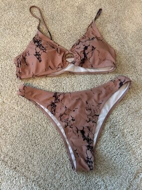 Marble-Print Ring-Front Bikini Set in Taupe